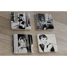 Siyah Beyaz Audrey Hepburn Fotoğrafları Doğal Taş Bardak Altlığı 4'lü Set - Natural Stone Coasters - Taş Beyaz - Siyah