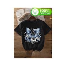 Herkesemoda Kelebek Ve Güller Baskı Detaylı Basic T-shirt Siyah