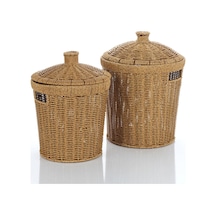 Kapaklı Rattan Patates Soğan Saklama Sepeti 2 Li Set Kiler/mutfak Organizer, Doğal Hasır Görü Kahverengi