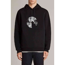 Wolf Moon Baskılı Siyah Erkek Örme Kapşonlu Sweatshirt