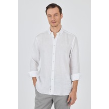 Uzun Kol Düz Keten Düğmeli Yaka Cepsiz Casual Comfort Fit Gömlek 1004250114 Beyaz