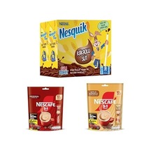 Nesquik Kakaolu Süt 6'lı Paket X 3, Nescafe 3'ü 1 Arada Original Çözünebilir Kahve Karışımı 10'lu Paket X 2, Nescafé 3'ü 1 Arada Sütlü Köpüklü Çözünebilir Kahve Karışımı 10'lu X 1