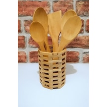 Yuvarlak Bambu Standlı - Ahşap Kaşık Spatula Servis Seti -6 Parça