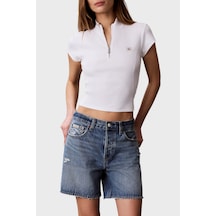 Calvin Klein Pamuklu Logolu Slim Fit Fermuarlı Dik Yaka Top Lv047g240gyaf Bayan Top Lv047g240g Yaf Beyaz