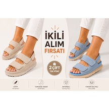 Papucumun Dünyası Kadın Yüksek Taban 4cm Çift Bantlı Rahat Şık Konforlu Sandalet Çok Renkli3