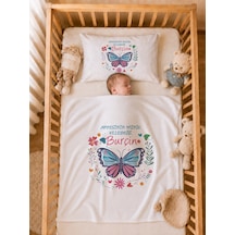 İsme Özel Kız Bebek Battaniye 80x80 Cm Ve Yastık Kılıfı 35x45 Cm %100 Pamuk Organik Baskılı Bebek Seti Bebek Hediyesi 2041yb Krem