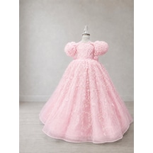 Star Kids Fashion Kız Çocuk Pembe Prenses Elbisesi Çiçek İşlemeli Kabarık Tül Abiye Doğum Günü Özel Gün Elbisesi