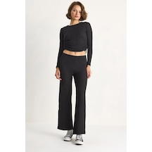 Shade Kadın Yanları Bağlamalı Crop Beli Lastikli Yüksek Bel Pantolonlu Bürümcük Takım 8075 60284110 - Siyah