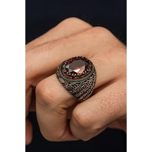 Oval Kırmızı Taşlı 925 Erkek Gümüş Yüzük Gümüş