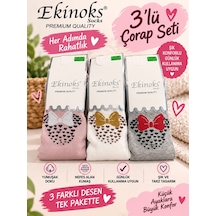 Ekinoks Socks Ekinoks Pırıl Fiyonk Desenli Koton %100 Pamuk 3lü Kilotlu Çocuk Çorabı 3-12 Yaş 3322 Ekru