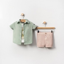 Yazlık Motor Baskılı Gömlekli Bebe Erkek 3'lü Takım Yeşil