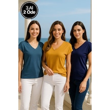 Kadın 3'lü Paket Lacivert-hardal-petrol Viskon V Yakalı T-shirt Kısa Kollu Rahat Kesim Bluz Çok Renkli