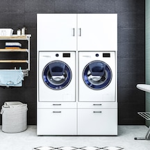 ROOMART ÇAMAŞIR-KURUTMA MAKİNESİ DOLABI + ÜST DOLABI 2'Lİ MAT BEY Mat Beyaz