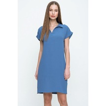 Kadın Bol Kesim Polo Yaka Kısa Kollu Günlük Kısa Midi Elbise Dizüstü 2883200 Mavi