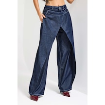 Itsbasic Kadın İndigo Bol Kesim Balon Fit Çift Pantolon Detaylı Özel Tasarım Denim Jean