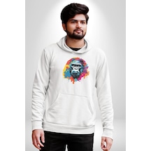 Renkli Maymun Goril Kadın Erkek Beyaz Kapüşonlu Sweatshirt Hoodie Beyaz
