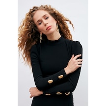 Sateen  Düğme Detaylı Crop Bluz - Siyah-132901 Siyah