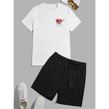 Kalp Logo T-shirt Şort - Beyaz Siyah Alt Üst Takım Şort Tişört Kombin Baskılı Bisiklet Yaka Beyaz Siyah