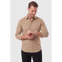 Rizzup Erkek Slim Fit %95 Pamuk Çizgi Dokulu Açık Kahve Ütü Gerektirmeyen Gömlek 2600002 Açık Kahverengi