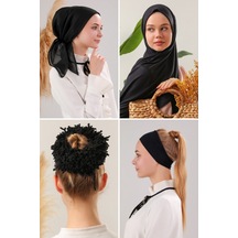 Melodi Scarf Kadın Tesettür Şal Bone İç Başörtüsü Topuz Tokası Seti Siyah