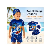 Rony Pony Kids Erkek Çocuk Köpek Balığı Desenli 3 Lü Mayo Takımı Deniz Şortu Tişört Bone Seti Lacivert