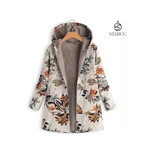 Kadın Pamuk Ve Keten Yaprak Desenli Peluş Astarlı Kapşonlu Fermuarlı Turuncu