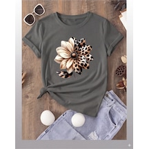 Nature & Wild Leopar Çiçek Baskılı T-shirt Gri