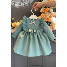 Mint Yeşili Fırfır Ve Dantel Detaylı Vintage Krep Tasarım Kız Çocuk Bebek Elbise 001