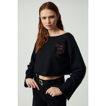 Ethıquet CARIBOU Kadın Asimetrik Yakalı Şardonsuz Tek Omzu Açık Baskılı Siyah Sweatshirt