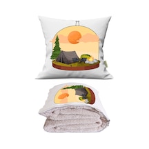 Kamp Baskılı Dekoratif Yastık Kırlent Opsiyonel Battaniye 2 İn 1 Çok Renkli