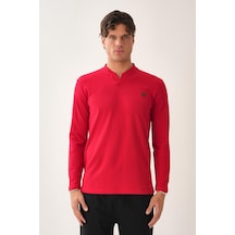 V Yaka Yırtmaç Detaylı Uzun Kollu T-shirt Kırmızı
