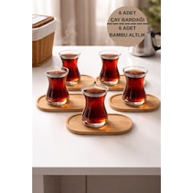 6 Adet Cam İnce Belli Çay Bardağı + 6 Adet Bambu Bardak Altlığı Çay Servis Ve Sunum Seti Şeffaf
