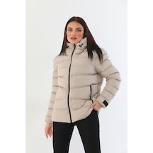 Freemen Kadın Taş Polarlı Kürklü Kapüşonlu Su Geçirmez Rüzgara Dayanıklı Şişme Kışlık Mont Taş