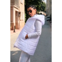 Veraura Lifestyle Beyaz Kapüşonlu Cepli Kolsuz Şişme Yelek