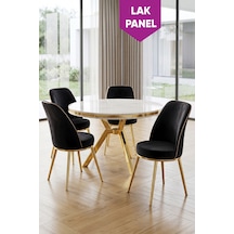 Natre Serisi 90x90 Lak Panel Beyaz Mermer Desen Gold Ayaklı Mutfak Masası Takımı Ve 4 Sandalye Beyaz Mermer Masa Siyah Sandalye