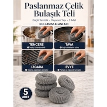 Mucit Home 5 Adet Paslanmaz Çelik Çizmez Bulaşık Tel Süngeri Kolay Kullanım Mutfak Banyo