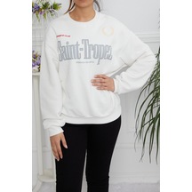 Hscstore Kadın Baskılı Oversize Beyaz Sweatshirt-8588-beyaz