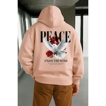 Benroma 3 İplik Penye Peace Baskılı Unisex Kapüşonlu Sweat Pembe