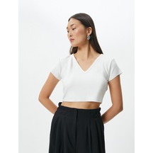 Koton Crop Tişört Kısa Kollu V Yaka Ekru 4sak50231ek 4SAK50231EK010 Ekru