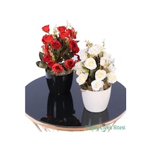 Yapay Çiçek Sitesi Plastik Saksıda Yapay Çalı Gülü Tanzimi 2'li Set 30 Cm Kırmızı - Krem Beyaz