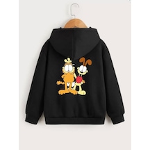 Çocuk Unisex Kapüşonlu Ön Ve Arka Garfield Baskılı Sweatshirt - Siyah