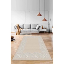 Bej Çerçeveli Kaymaz Tabanlı Makinede Yıkanabilir Halı Mk55n11