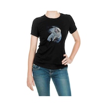 Astronot Dünyadan Uzaya Yolculuk Baskılı Siyah Kadın Tshirt