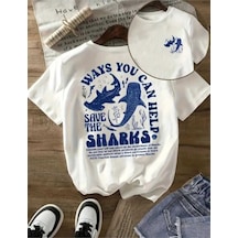 Kozia Outdoors Ways You Can Help Shark Baskılı Oversize O Yaka Tişört Beyaz