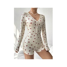 Mh Moony Homewears Kahverengi Kalp Mini Tulum Pijama Takımı Kahverengi