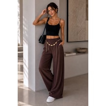 Bb Butik Basic Kadın Modal Kumaş Zincir Kemer Detaylı Bol Paça Pantolon Rahat Kalıp Şık Günlük Pantolon My3535 Kahverengi