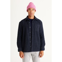 AC&Co / Altınyıldız Classics Erkek Lacivert Oversize Geniş Kesim Klasik Yaka Yünlü Kırçıl Desenli Flanel Kışlık Gömlek Ceket Lacivert