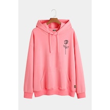 Unisex Pembe Kapüşonlu Gül Baskılı Slim Fit Kanguru Cepli Sweatshirt Pembe