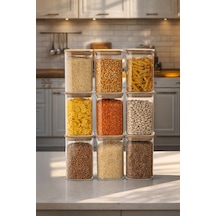 Porsima 6-3 Bambu Vakumlu Kapaklı Kare Borsilikat Cam 9lu Kavanoz Seti Saklama Kabı 1250ml 9,5x15cm Ahşap - Şeffaf