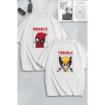Unisex Erkek Kadın Deadpool Ve Wolverine Baskılı Sevgili Çift Kombini Tasarım Oversize T-shirt 2li Beyaz Mck0597 Beyaz
